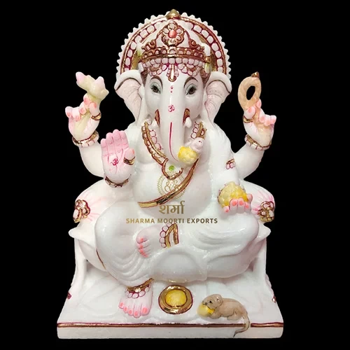 White Marble  Ganesh Statue  Sitting on Lotus