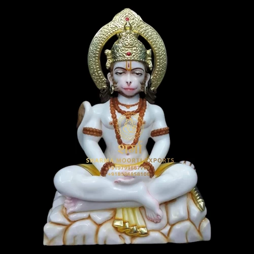 Special White Marble Hanuman ji Statue of 3.5Feet Sitting on Rock