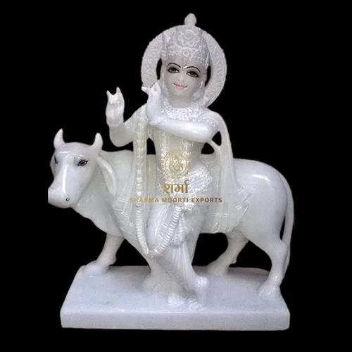 White Marble Krishna Statue with Cow