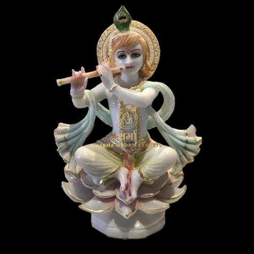 White Marble Krishna Statue on Sitting Lotus of 2Feet