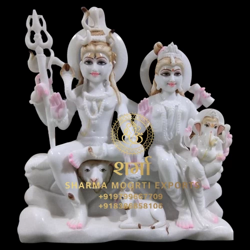 Pure White Marble Shiva Statue With Family