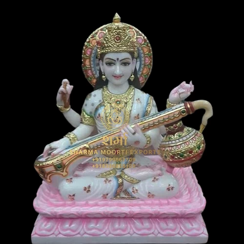 Manufacturer Of White Blessing Marble Saraswati Maa Statue of 1.5Feet