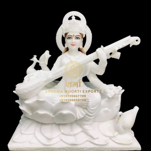 Pure White Marble Beautiful Saraswati Maa Statue