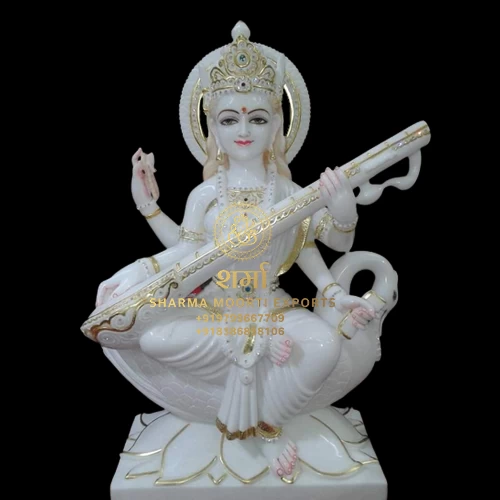 White Marble Beautiful Painting Saraswati Maa Statue